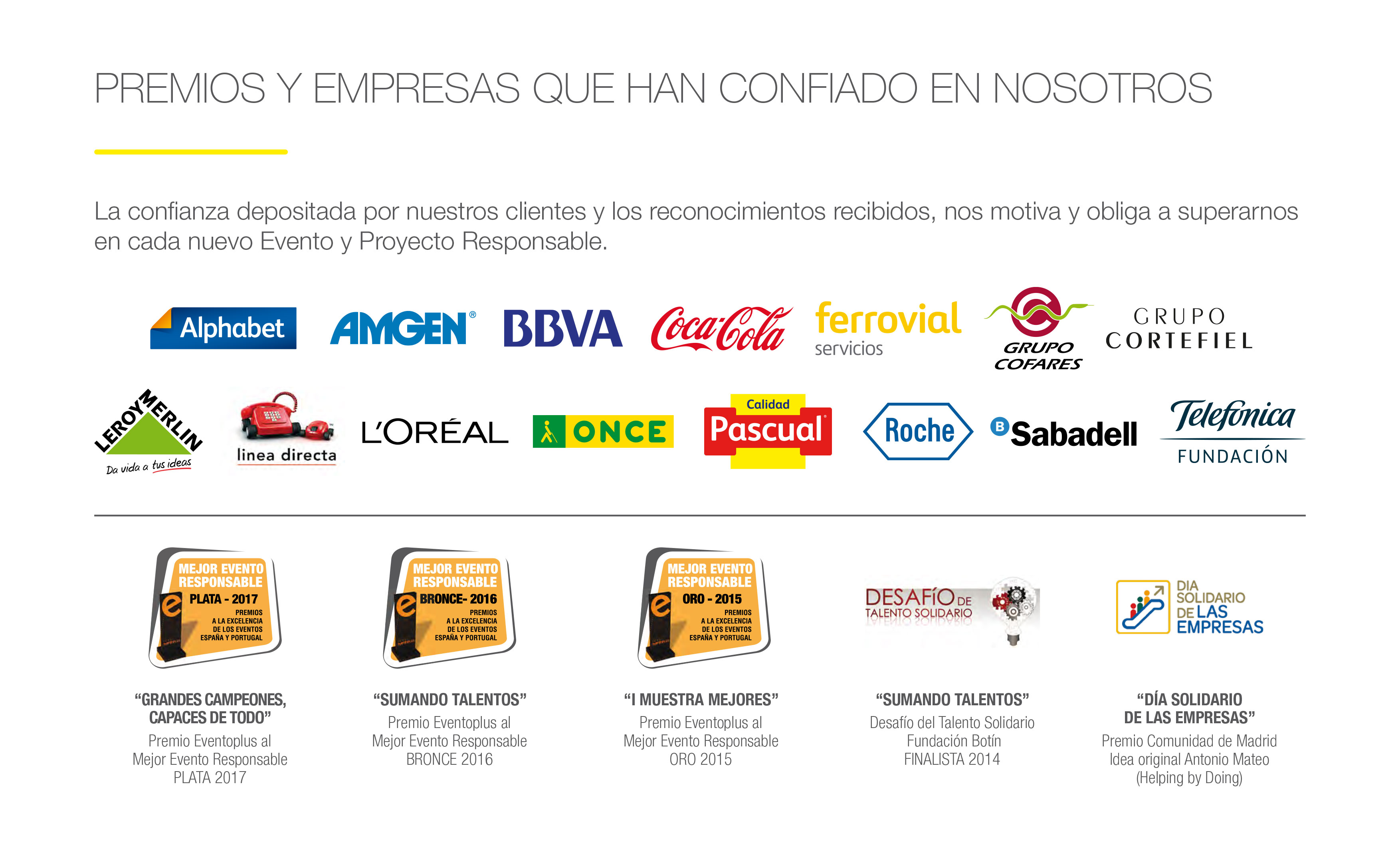 Infografía con premios de Eventoplus, reconocimientos sectoriales y logos de empresas colaboradoras de Helping by Doing